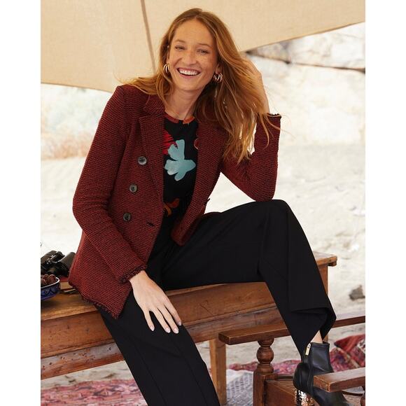 Chico’s Tweed Coatigan Medium Paprika Red Cotton Fringe Cardigan Sweater Blazer - Picture 2 of 11